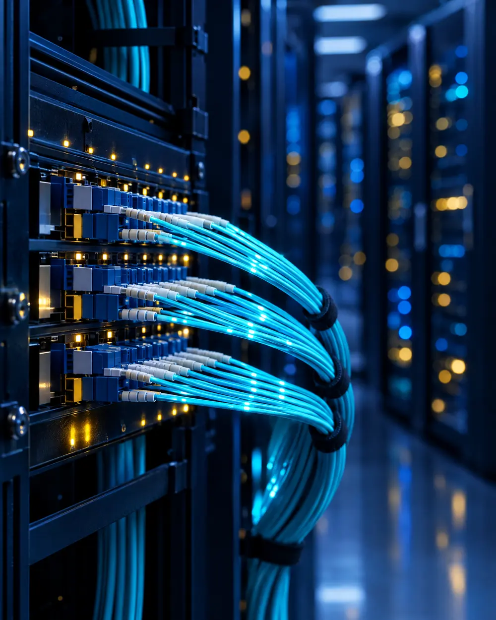 Glowing fiber cabling and a patch panel inside a dark server room